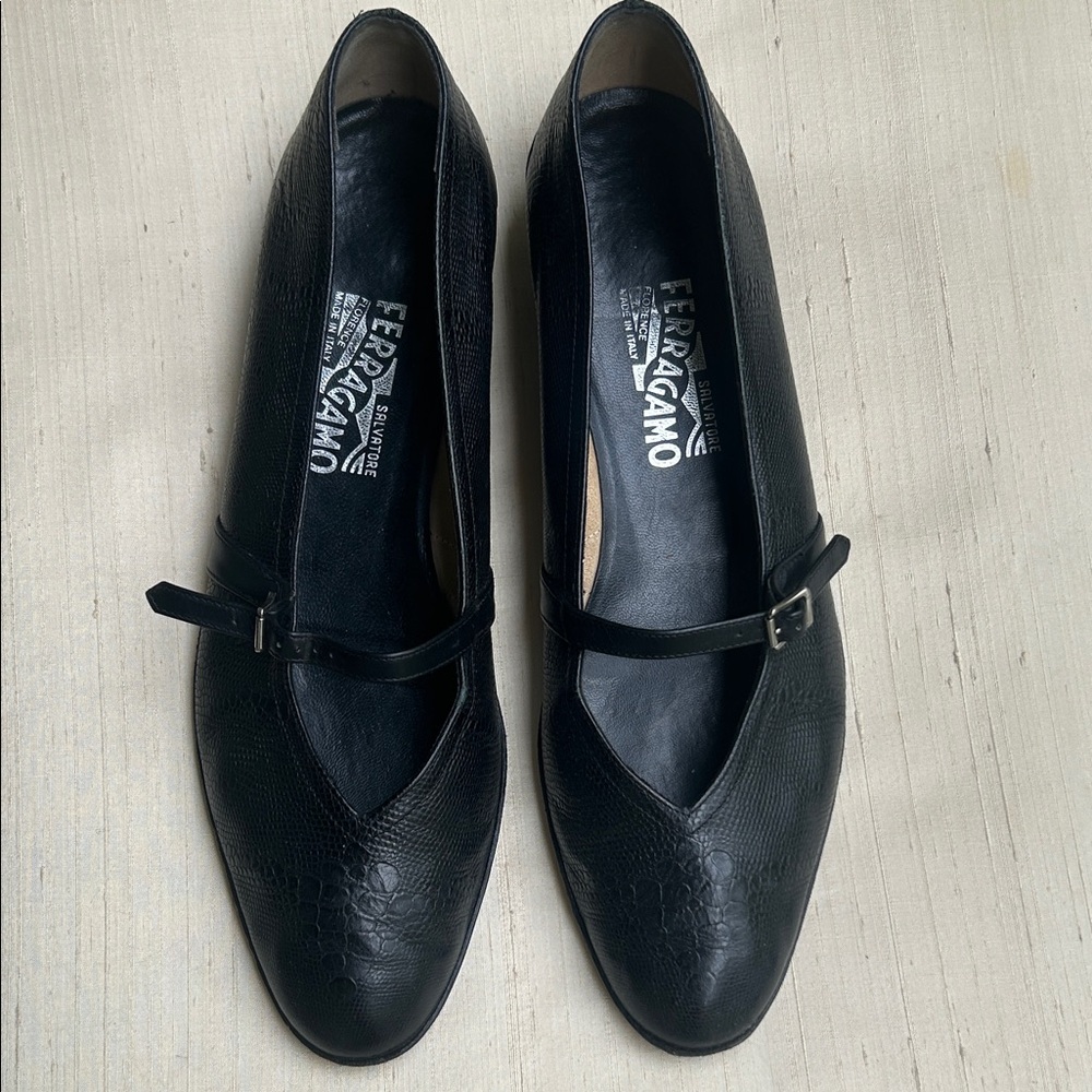 Salvatore Ferragamo Black Croc-Embossed Loafers